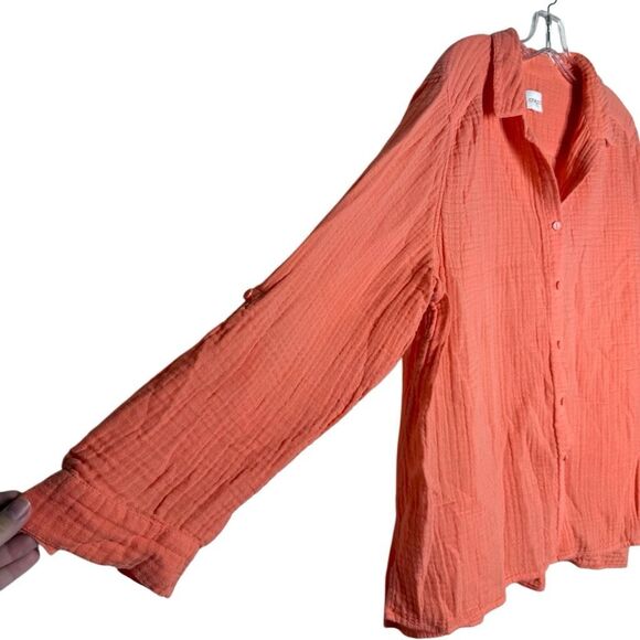 Chico's Orange Long Sleeve Button Up Shirt Roll Tab Sleeve 100% Cotton - Picture 8 of 11